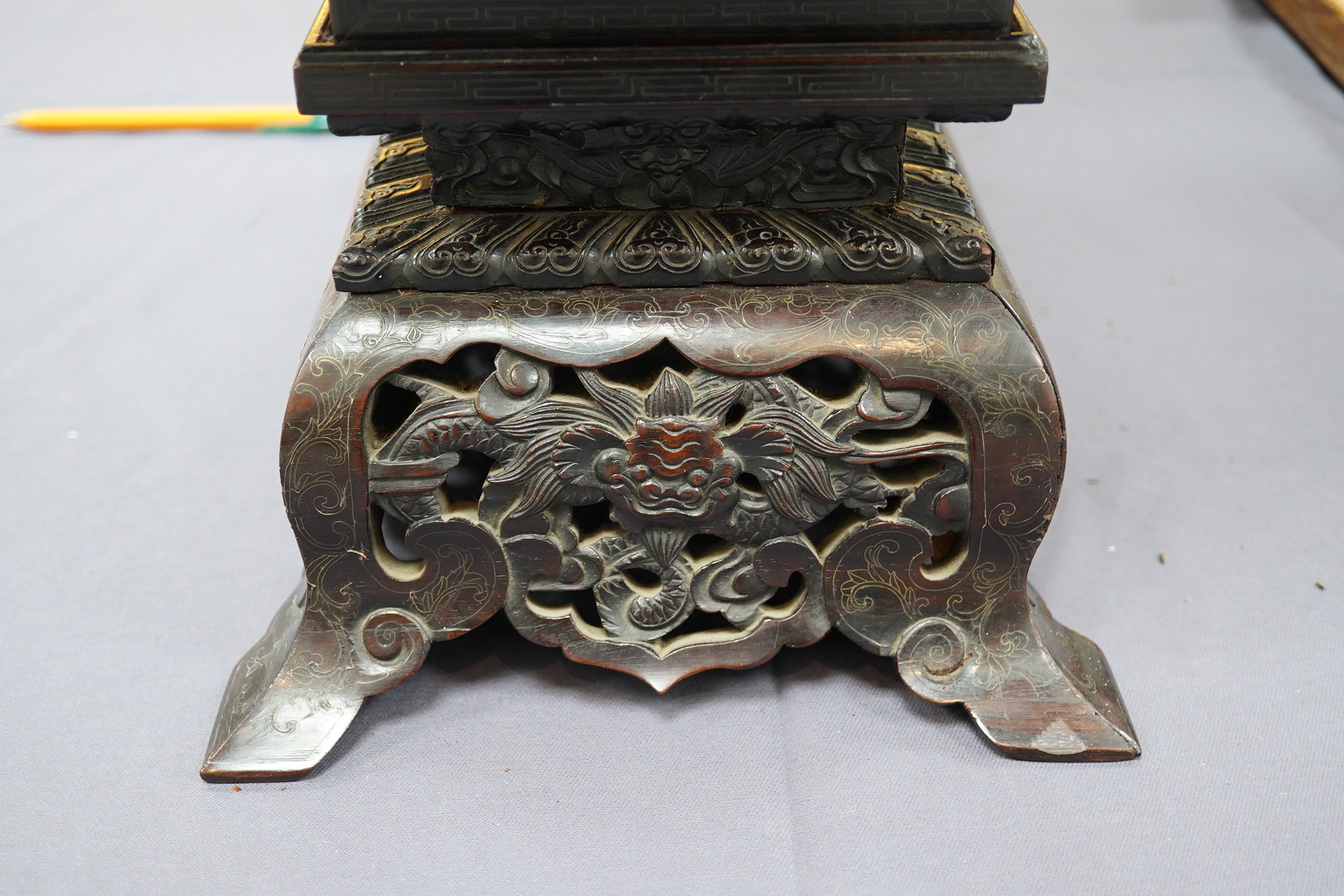 An important pair of Chinese carved zitan and silver wire inlaid ‘cloud and dragon’ curio cabinets and stands, duobaoge, probably Imperial, late Qing dynasty